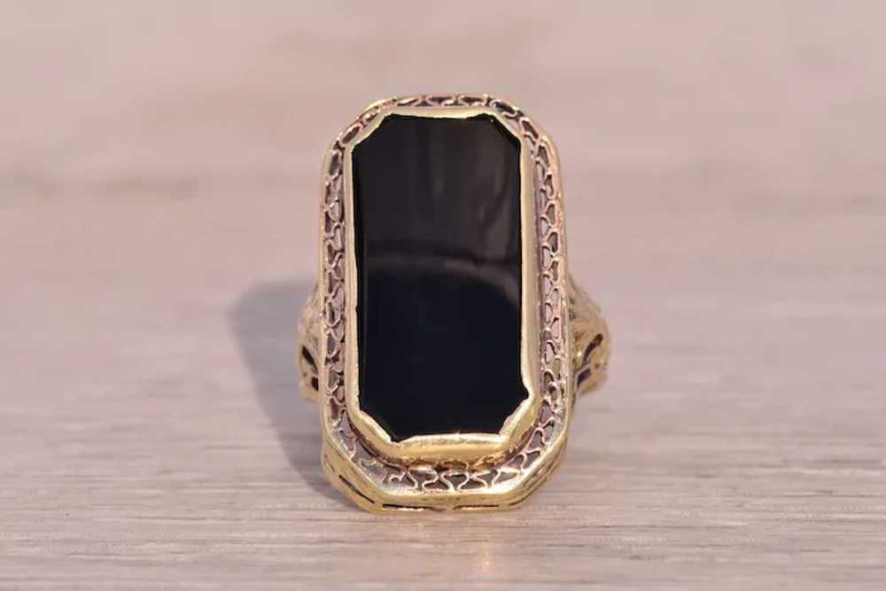 Art Deco Era Onyx Filigree Ring in Yellow Gold - image 6