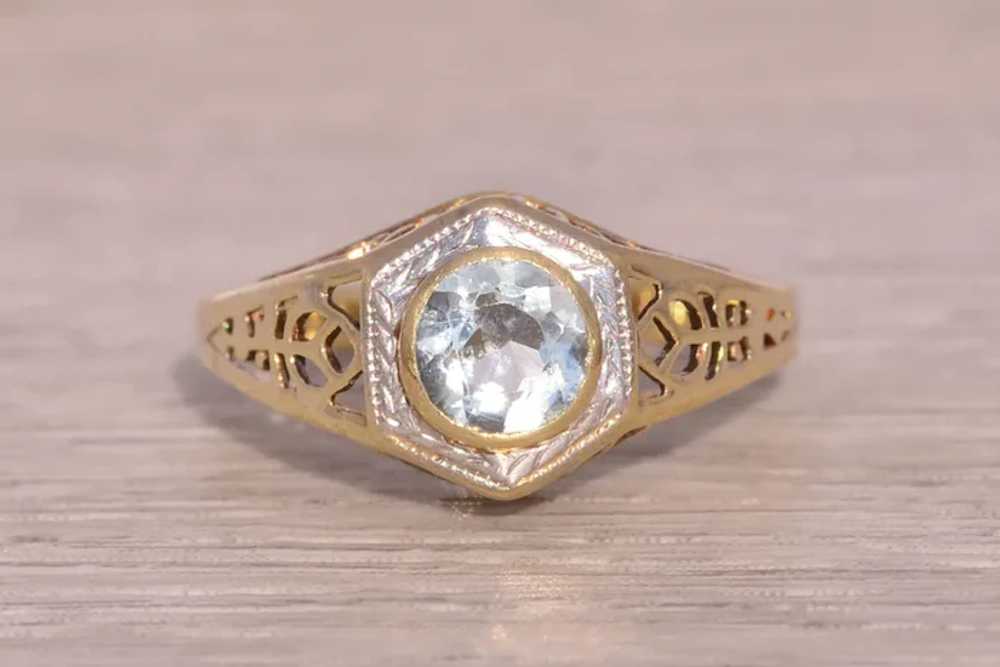 Aquamarine Filigree Ring in Platinum-Topped Yello… - image 6