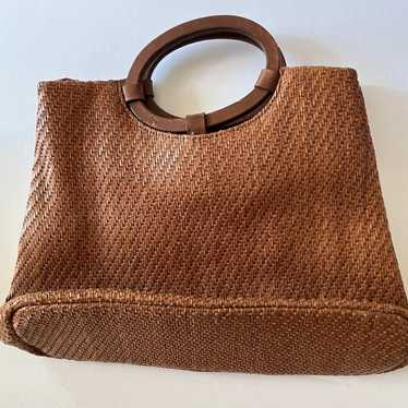 Vintage Fossil Woven Bag Leather Round Handles Pu… - image 1