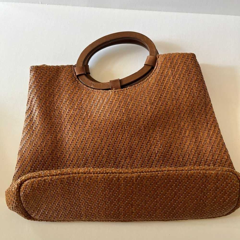 Vintage Fossil Woven Bag Leather Round Handles Pu… - image 2