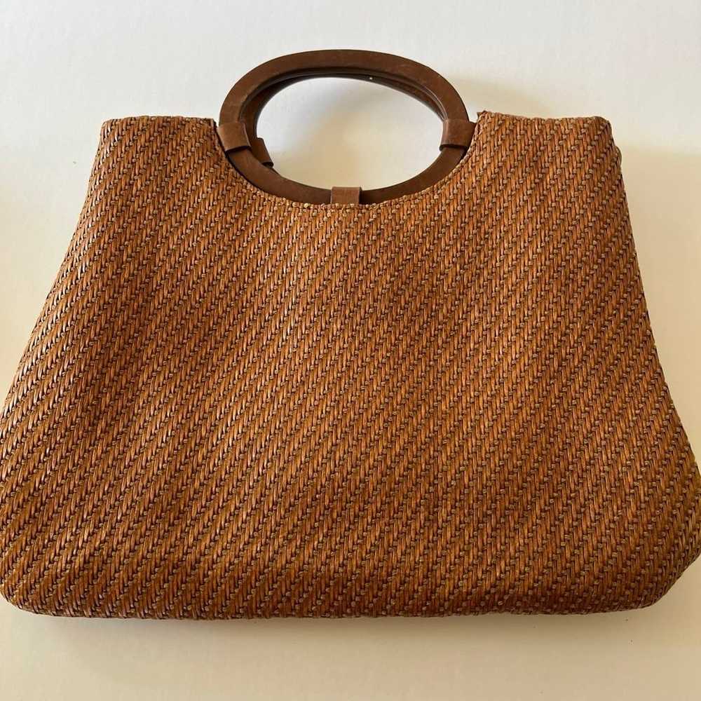 Vintage Fossil Woven Bag Leather Round Handles Pu… - image 4