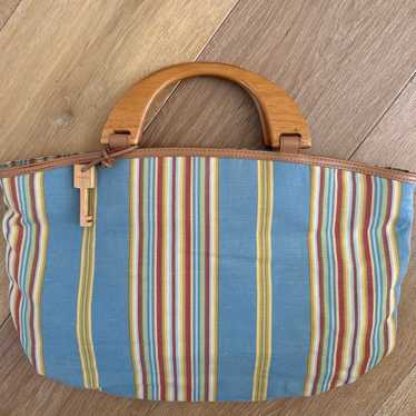 Vintage Striped Fossil Bag With Wood Handles - image 1