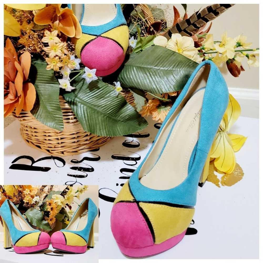 Retro Suede-like heels in Turquoise Yellow Pink 5" - image 3