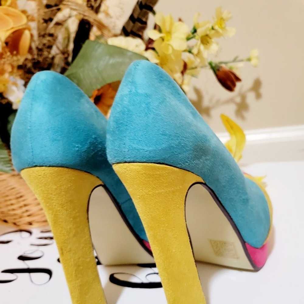 Retro Suede-like heels in Turquoise Yellow Pink 5" - image 6