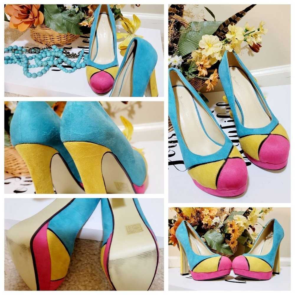 Retro Suede-like heels in Turquoise Yellow Pink 5" - image 7