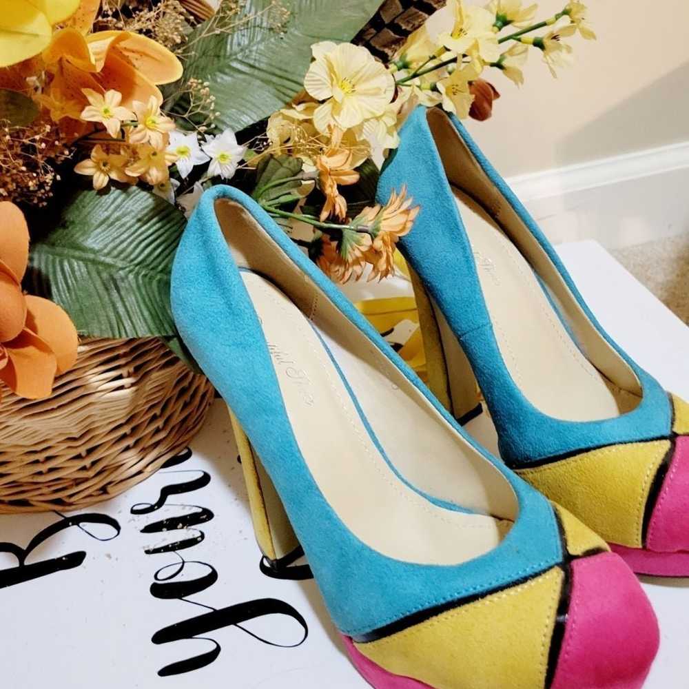 Retro Suede-like heels in Turquoise Yellow Pink 5" - image 8