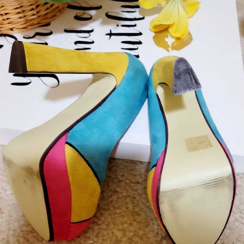 Retro Suede-like heels in Turquoise Yellow Pink 5" - image 9