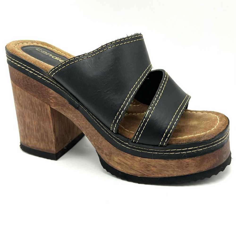 Candies Chunky Wooden Platform Heels 7 Black Leat… - image 1