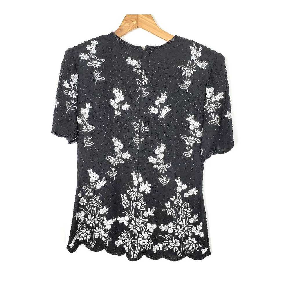 Vintage Lawrence Kazar Black Beaded Floral Blouse… - image 4