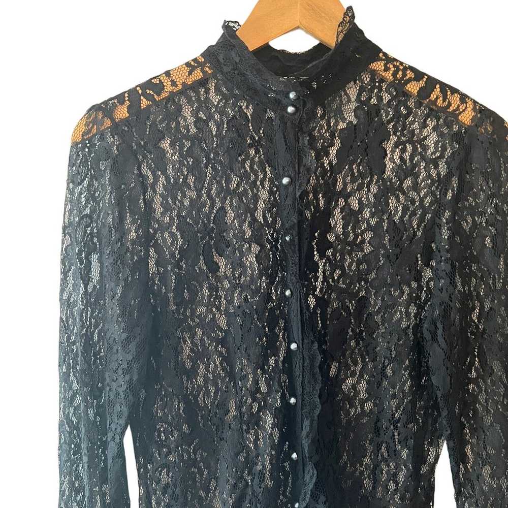 Vintage White Stag Sheer Black Lace Button Down S… - image 1