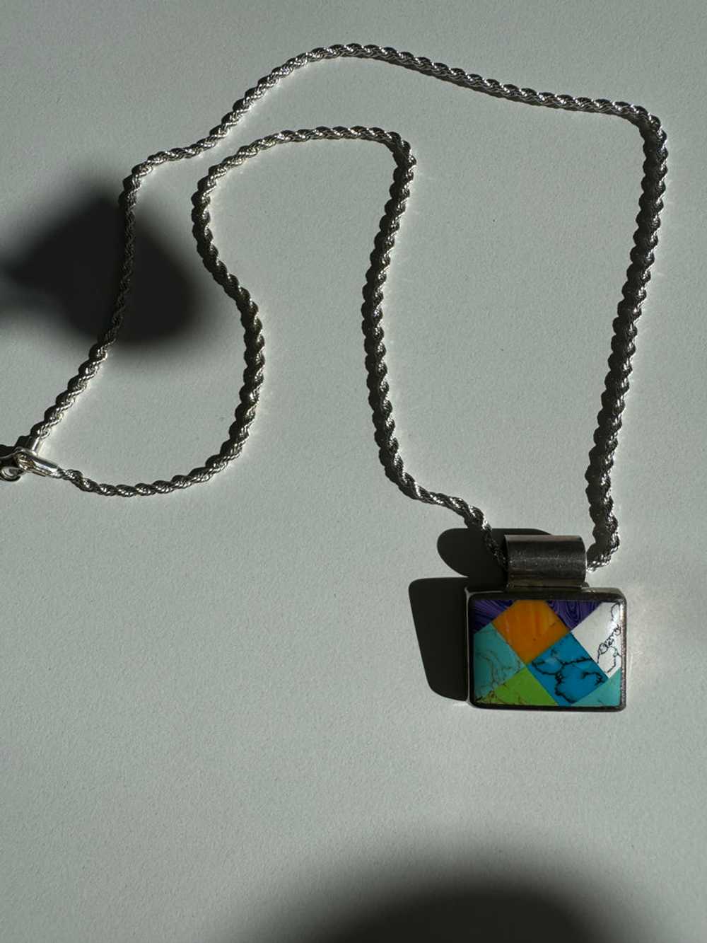 Vintage inlay stone + sterling silver necklace - image 10