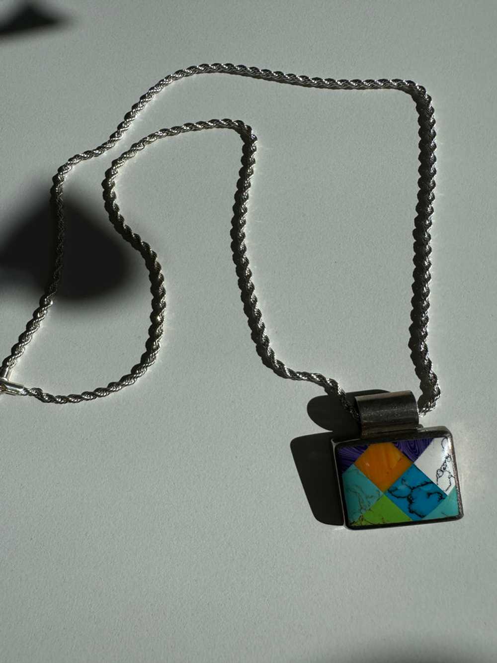 Vintage inlay stone + sterling silver necklace - image 11