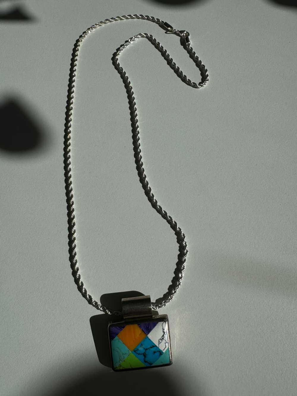 Vintage inlay stone + sterling silver necklace - image 1