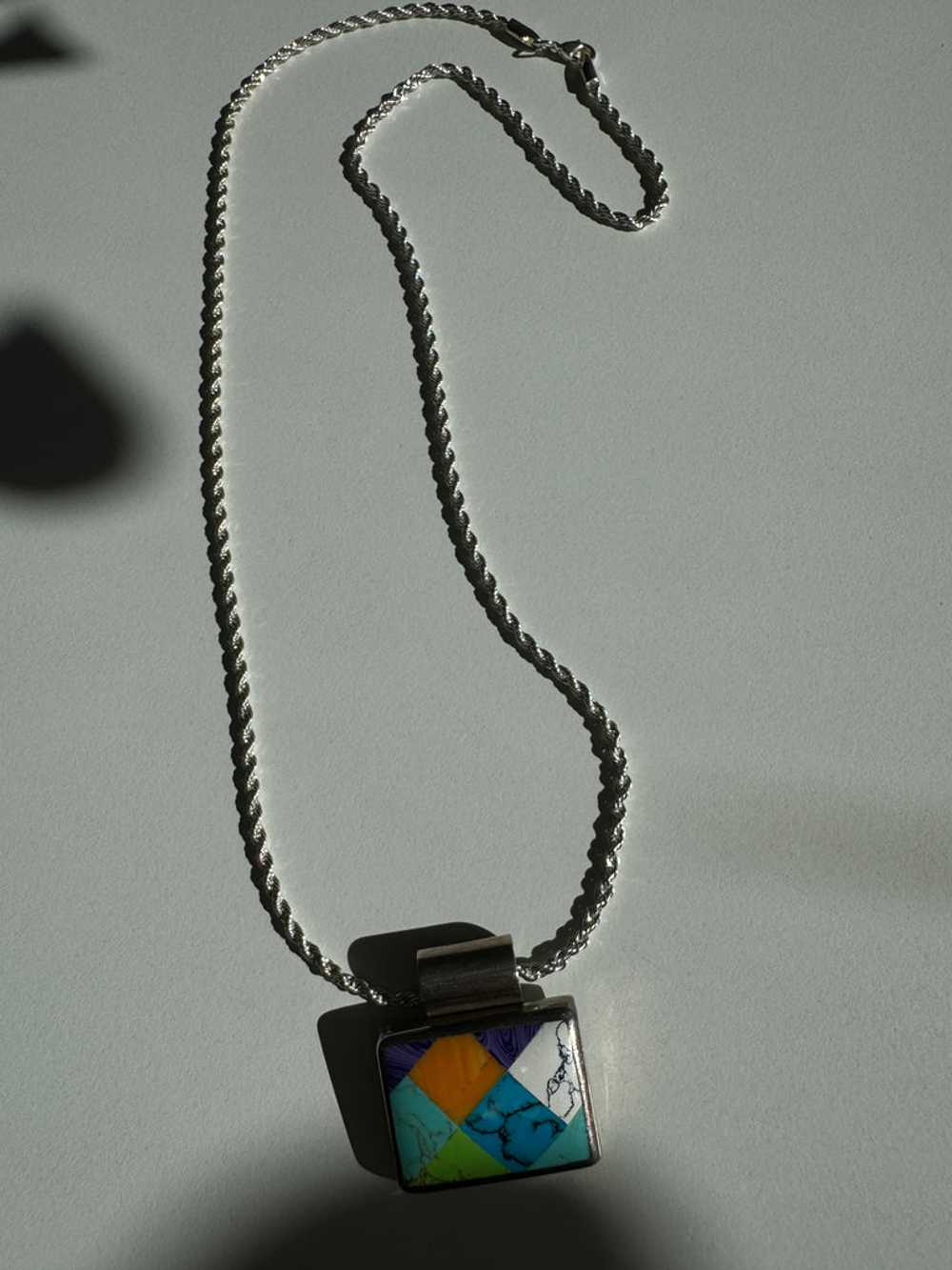 Vintage inlay stone + sterling silver necklace - image 2