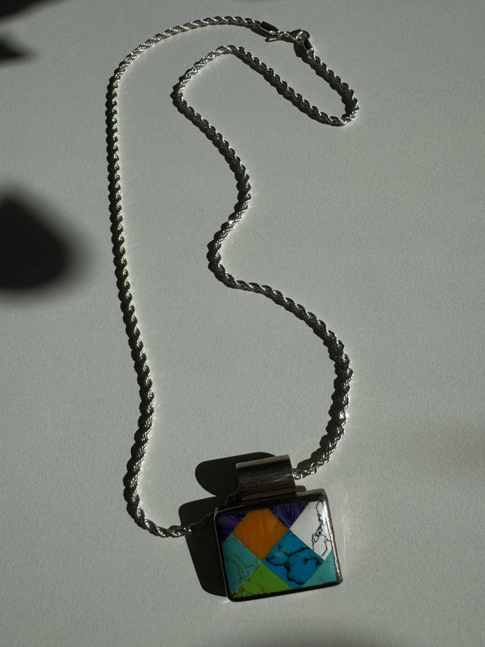 Vintage inlay stone + sterling silver necklace - image 4