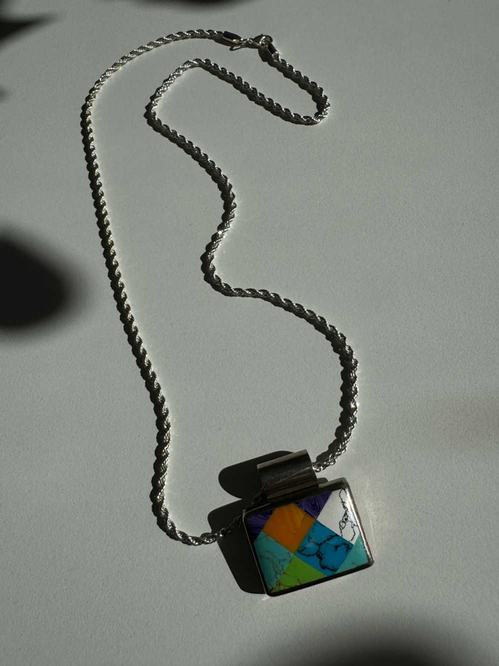 Vintage inlay stone + sterling silver necklace - image 5