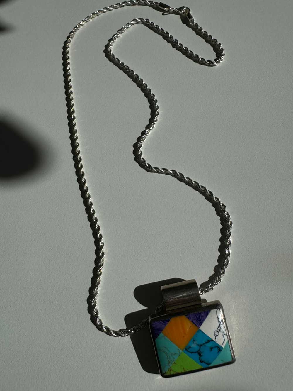 Vintage inlay stone + sterling silver necklace - image 6