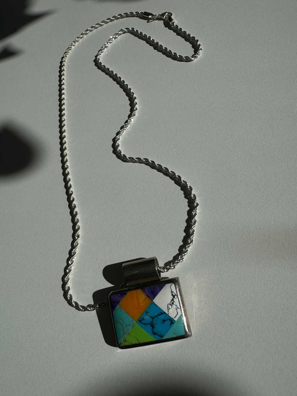 Vintage inlay stone + sterling silver necklace - image 7