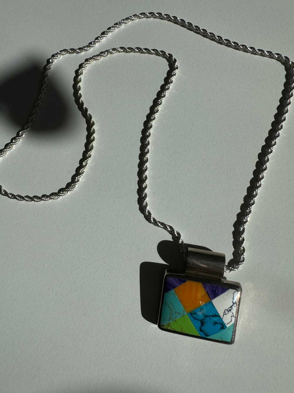 Vintage inlay stone + sterling silver necklace - image 9