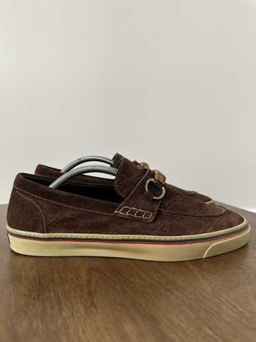 Gucci Suede monogram horse-bit slip ons.