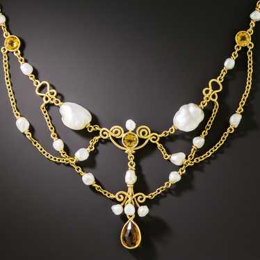 Arts and Crafts Pearl and Citrine Swag Necklace - image 1