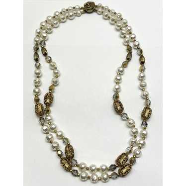 Vintage Vintage crystal pearl double strand neckl… - image 1