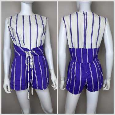 1960s Purple and White Stripe Cotton Romper, Size… - image 1