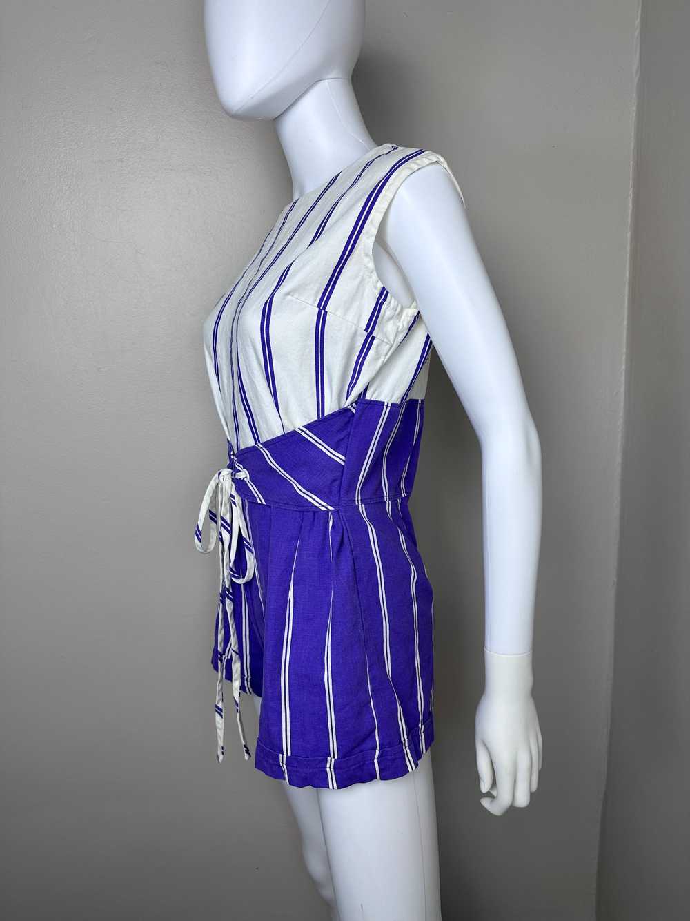 1960s Purple and White Stripe Cotton Romper, Size… - image 2