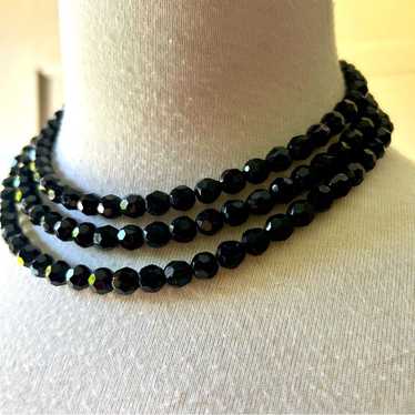 Vintage 1960s Faceted Jet Black glass Bead Triple… - image 1