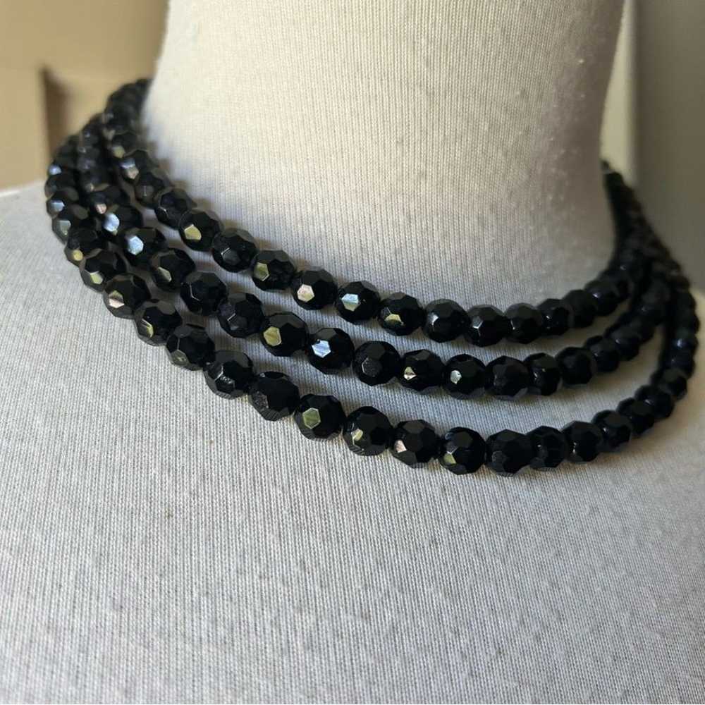 Vintage 1960s Faceted Jet Black glass Bead Triple… - image 2