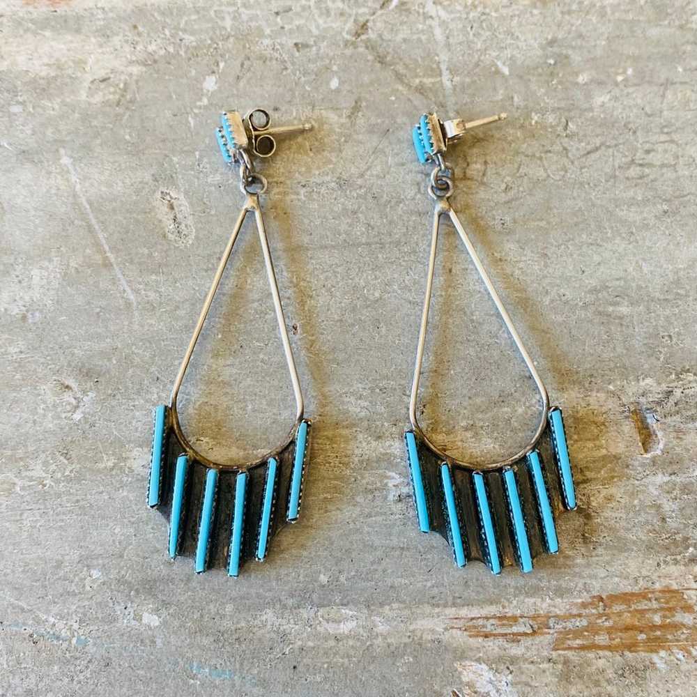 Zuni Vintage Sterling Silver & Turquoise Earrings - image 2