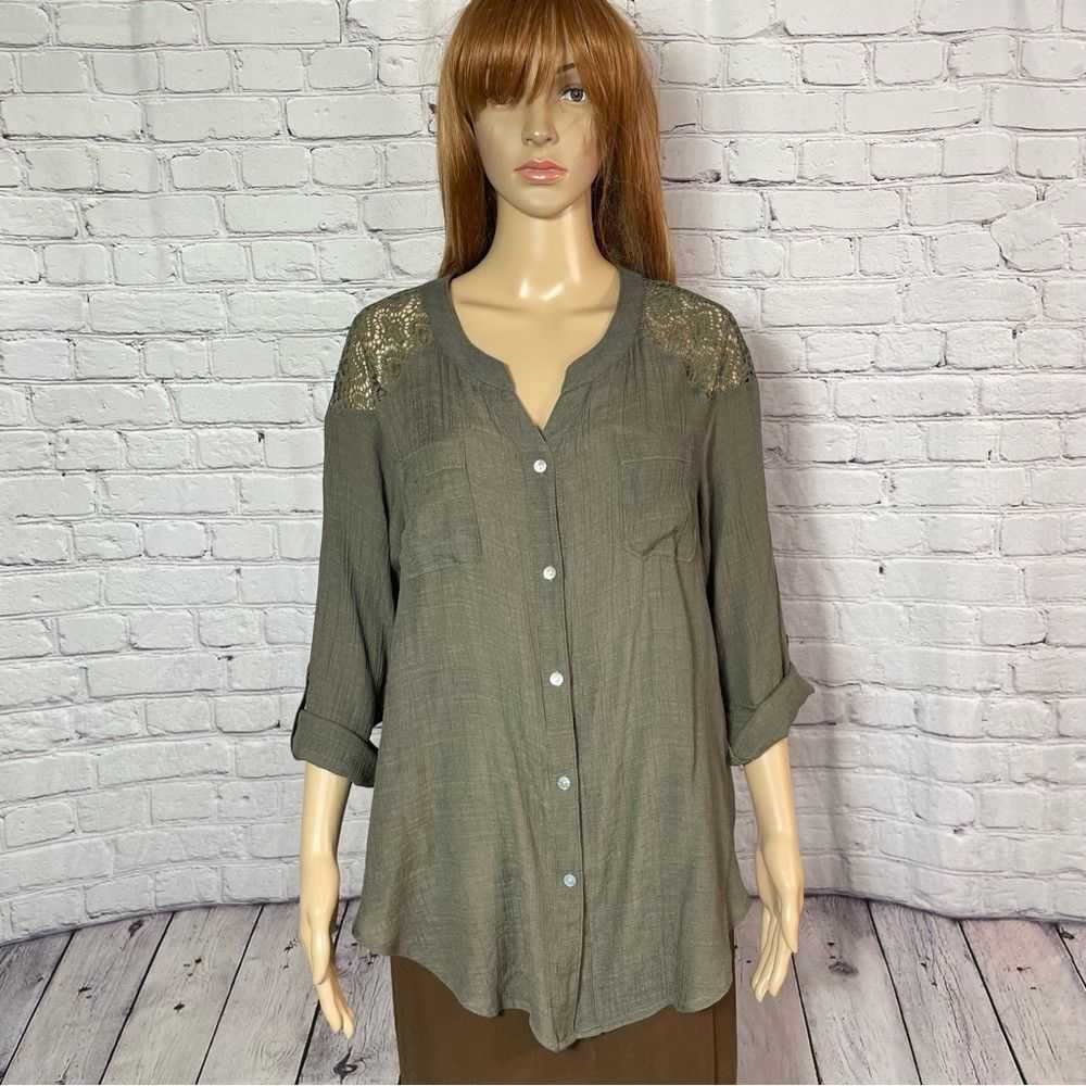 Alyx Alyx 3/4 Sleeve Lace Shoulder Olive Blouse S… - image 1