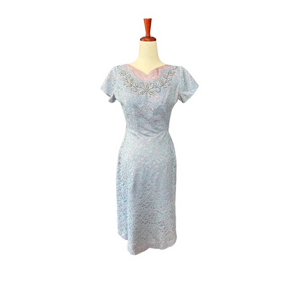 VTG 1950s Lavender Lace Tea Length Midi Wiggle Dr… - image 1