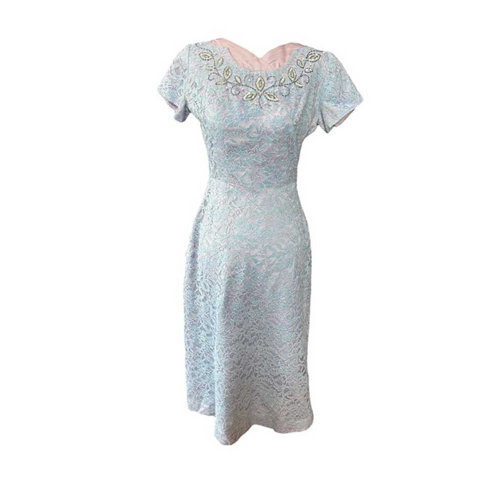 VTG 1950s Lavender Lace Tea Length Midi Wiggle Dr… - image 3