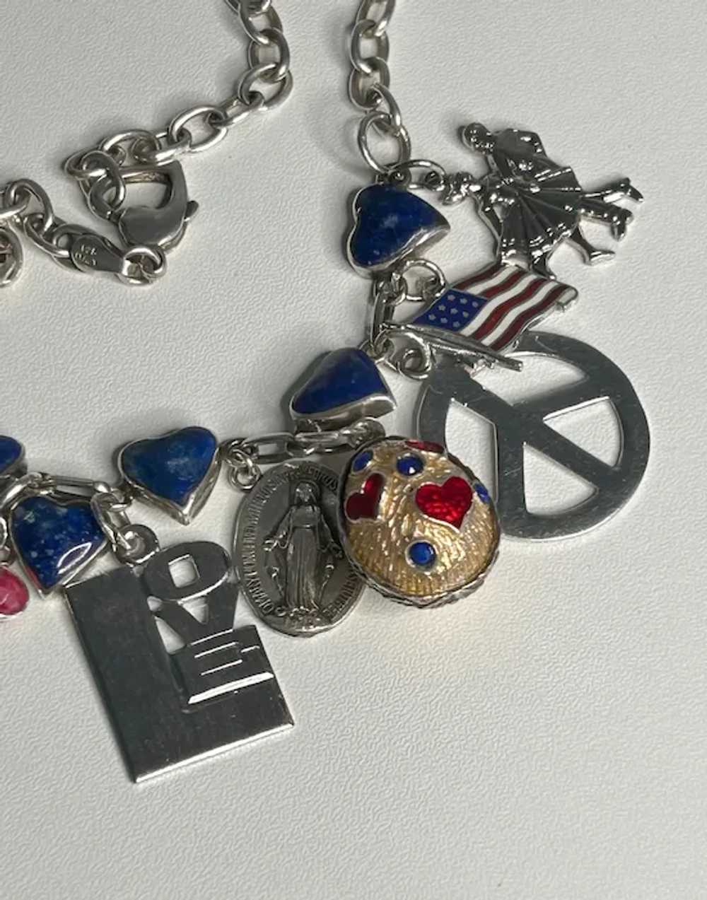 Sterling, Lapis Lazuli, Love and Peace Charm Neck… - image 3