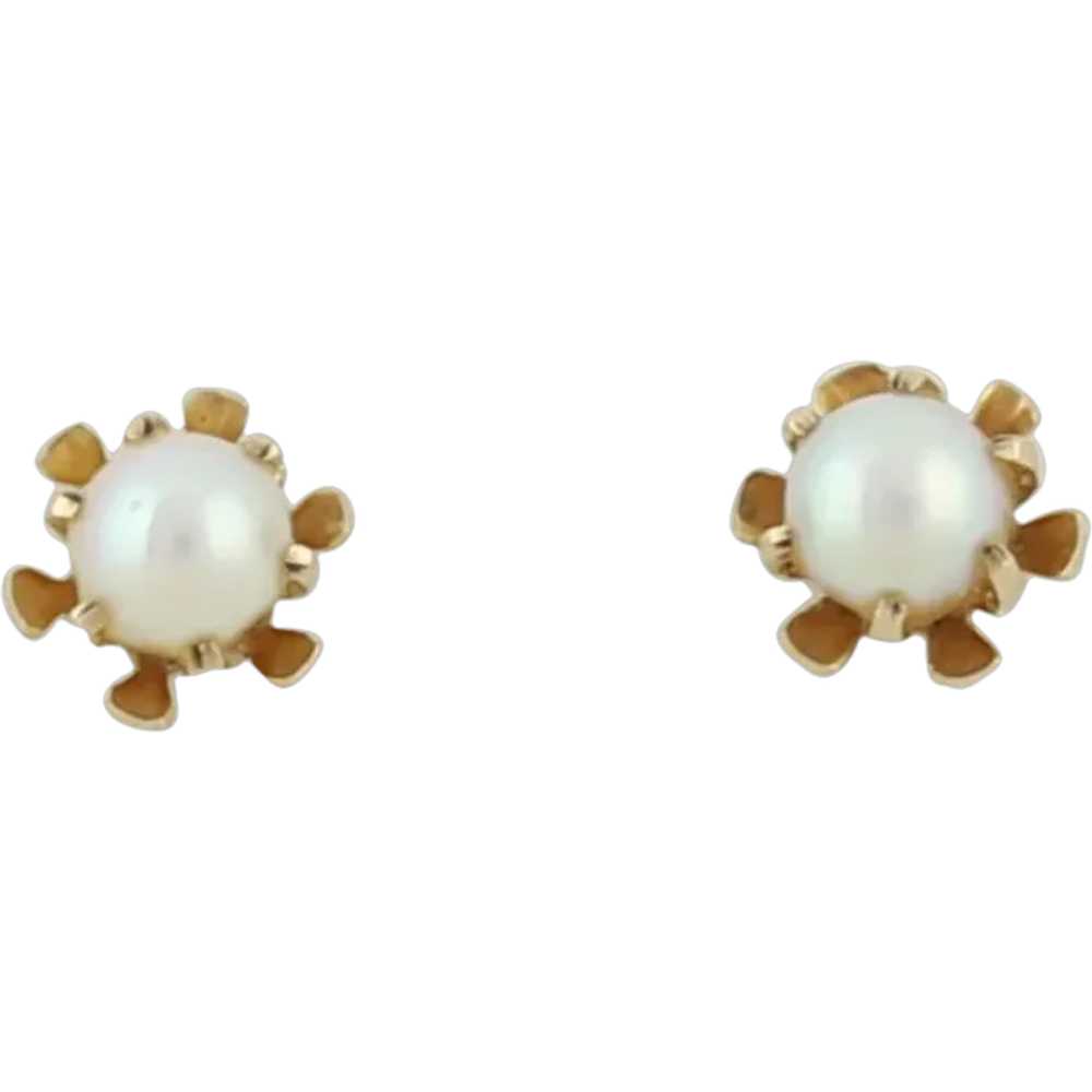 10k Yellow Gold Small Freshwater Pearl Flower Ear… - image 1