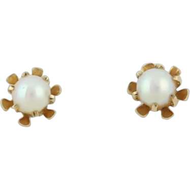 10k Yellow Gold Small Freshwater Pearl Flower Ear… - image 1