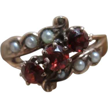 Antique 10K Garnet Seed Pearl Ring - image 1