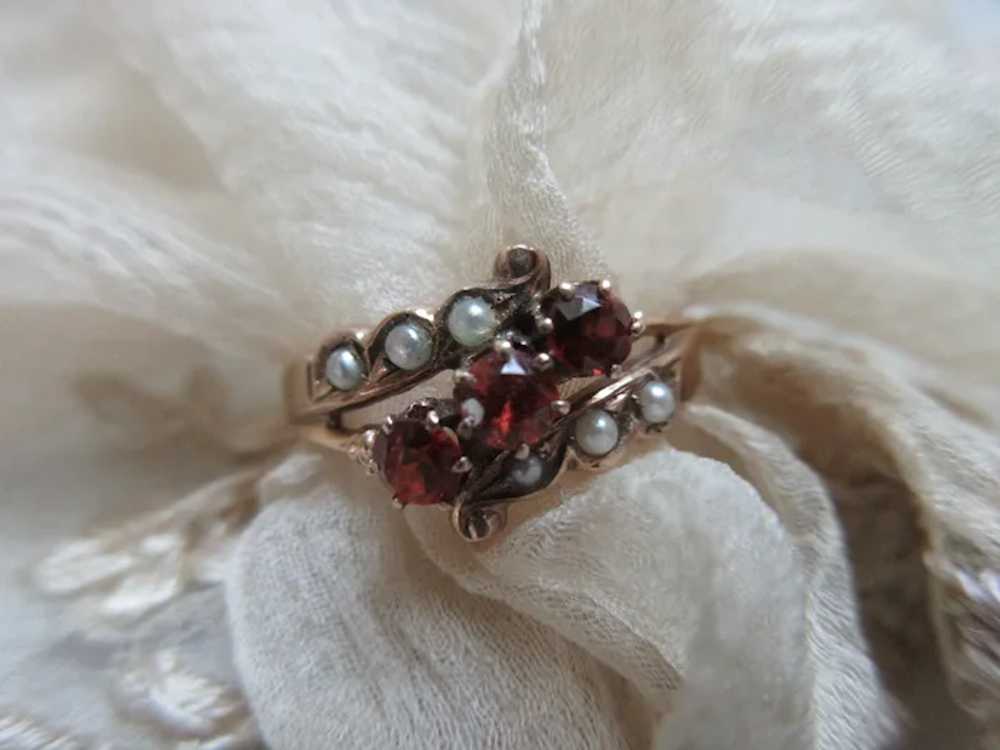 Antique 10K Garnet Seed Pearl Ring - image 2