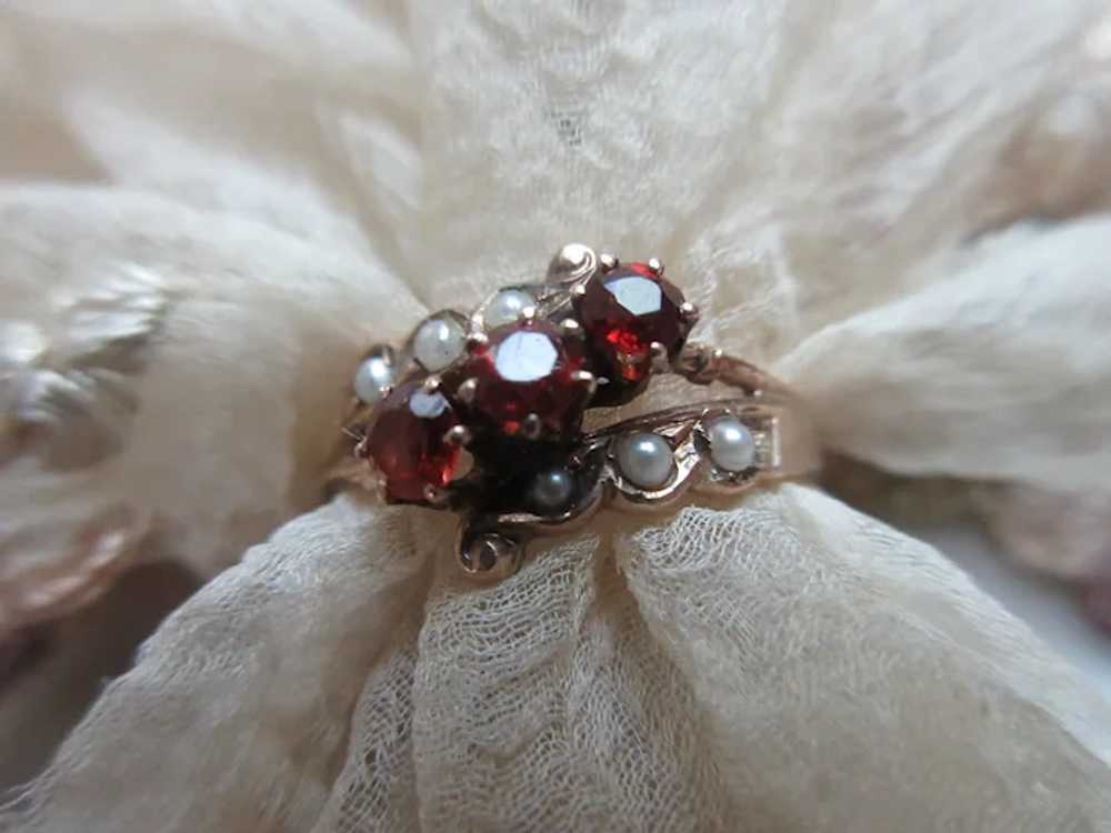 Antique 10K Garnet Seed Pearl Ring - image 3