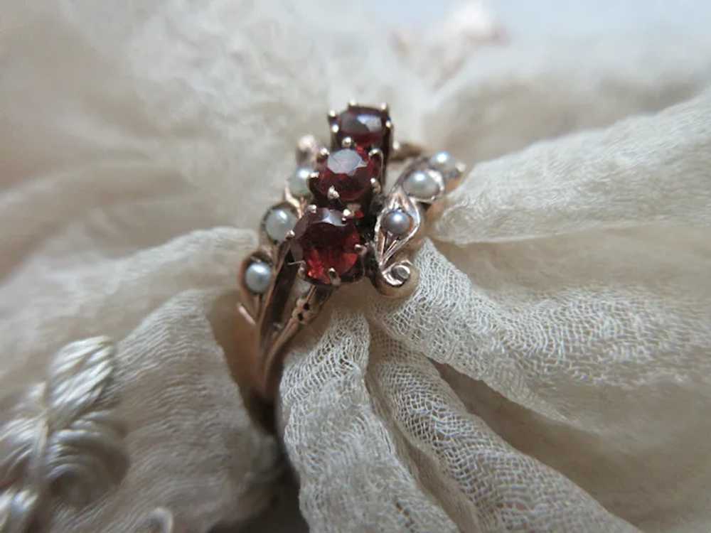 Antique 10K Garnet Seed Pearl Ring - image 4