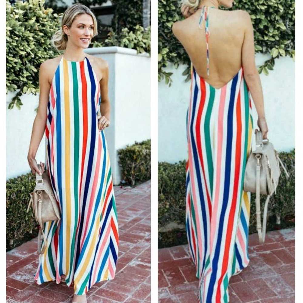 Backless Striped Halter Maxi Dress Tie-Neck Sleev… - image 1