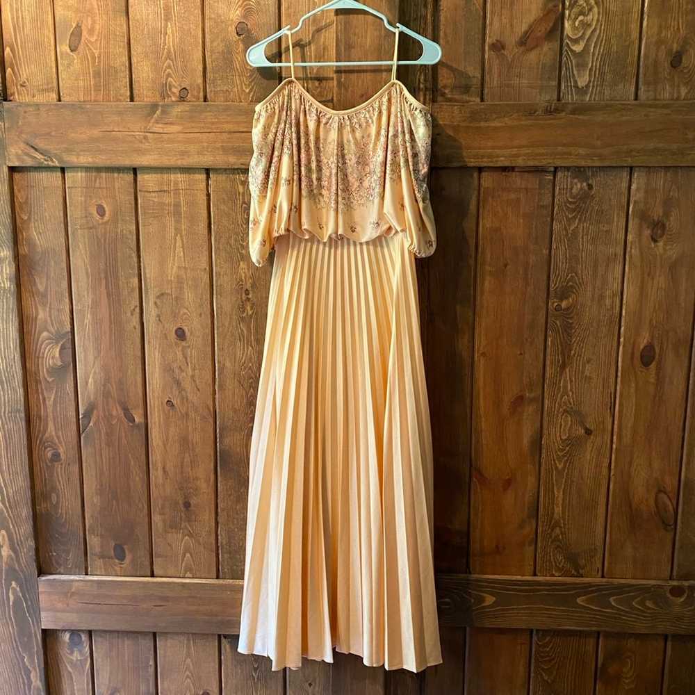 Vintage 1970s Cold Shoulder Pleated Maxi Dress - image 1