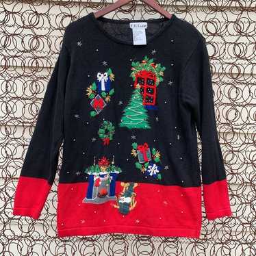 Vintage 90s gaudy ugly Christmas sweater cat fire… - image 1