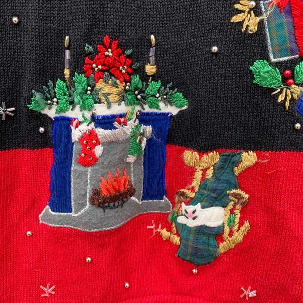 Vintage 90s gaudy ugly Christmas sweater cat fire… - image 3