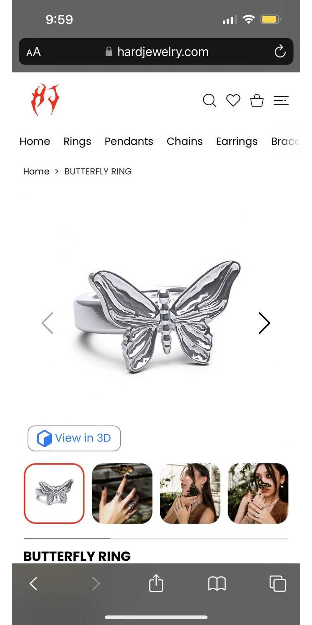 Streetwear HARD JEWELRY butterfly ring size 8 - image 3