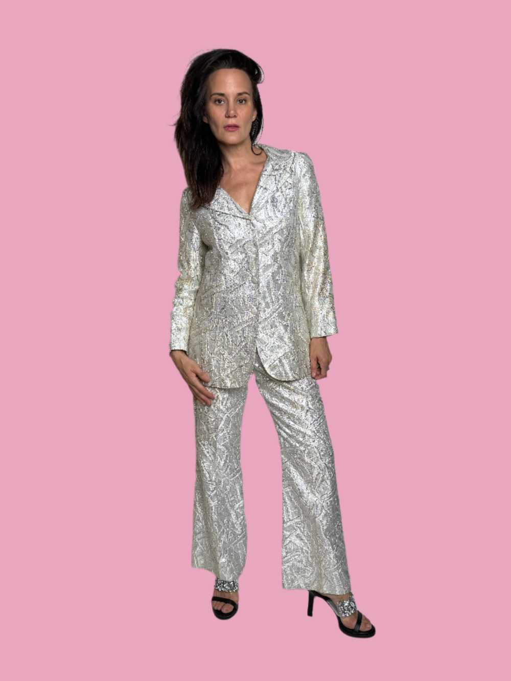 Disco Silver Metallic Pant Suit 1970s - image 2