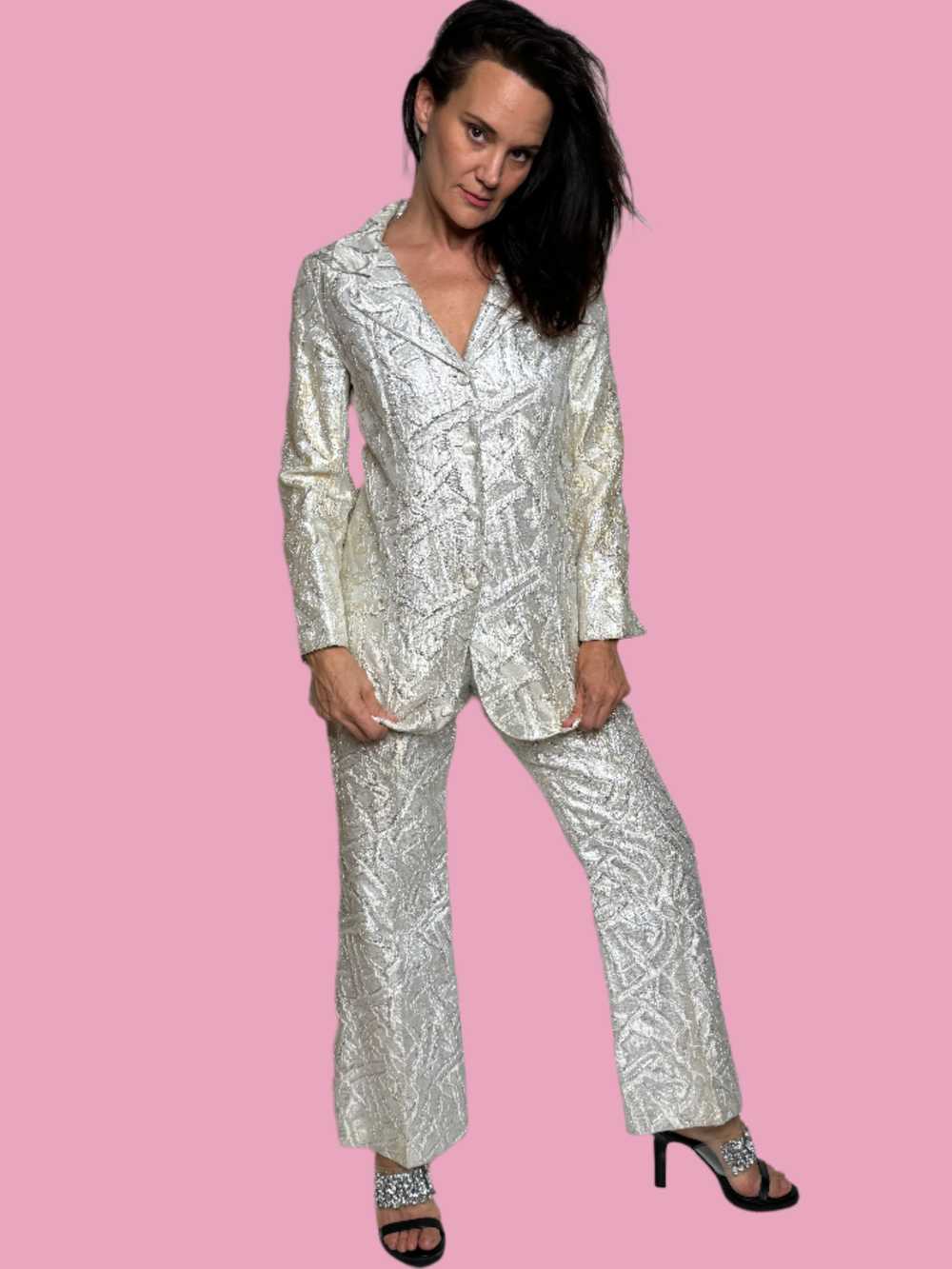 Disco Silver Metallic Pant Suit 1970s - image 4