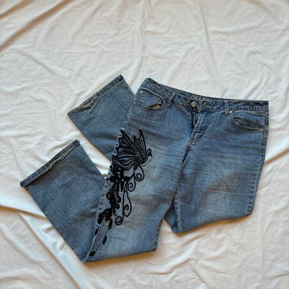 Blue and black butterfly embroidered jeans with a… - image 3