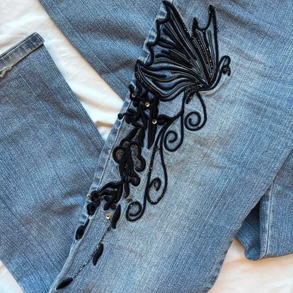 Blue and black butterfly embroidered jeans with a… - image 4